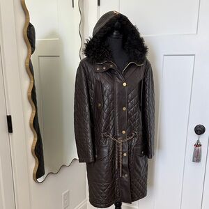 Michael Kors Collection Quilted Hooded Leather Coat in Dark Brown